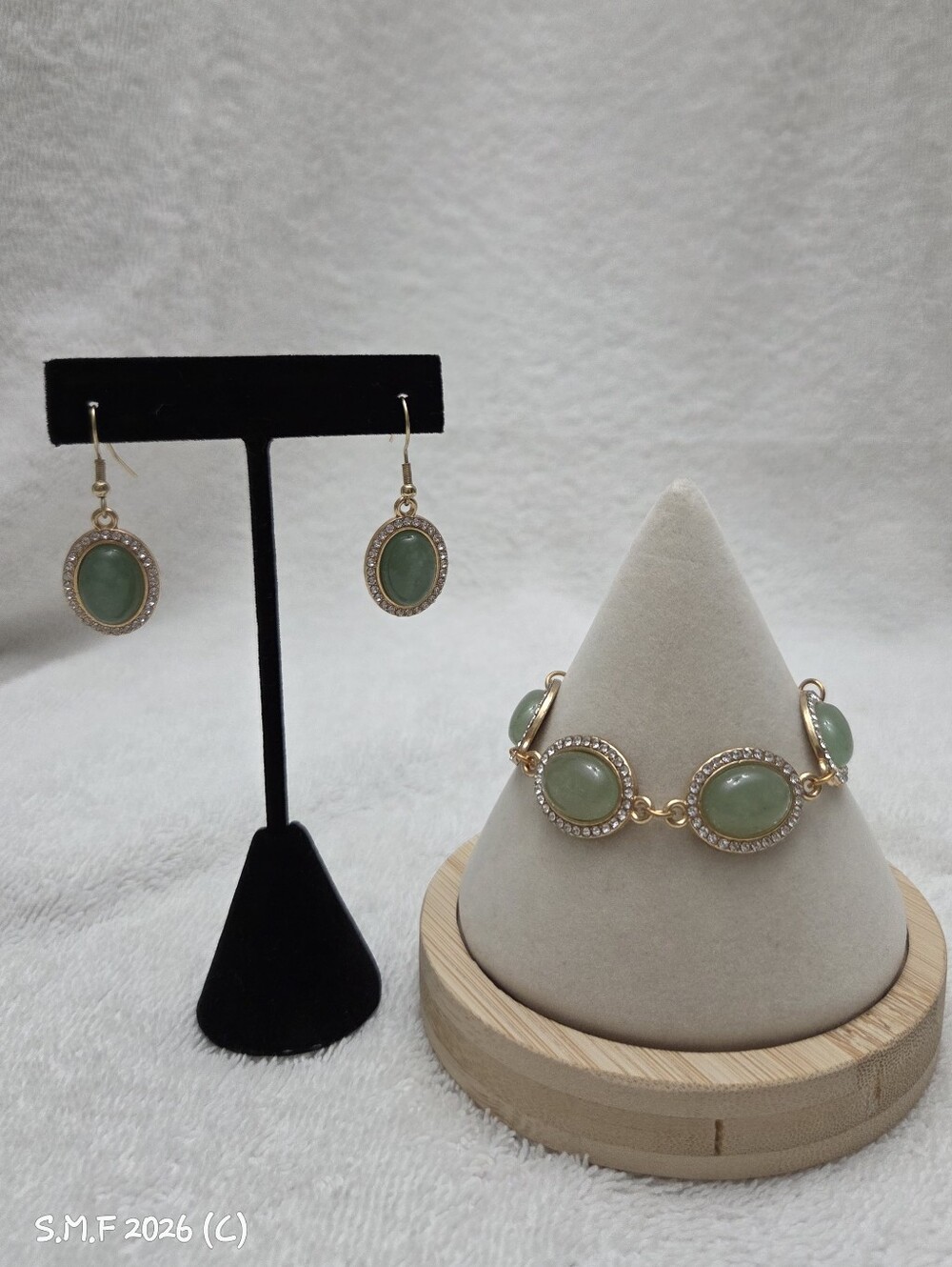 Green Aventurine Oval Stones & White Austrian Crystals in a Gold-Toned Set